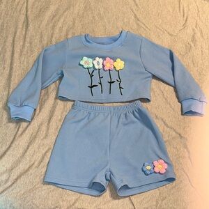 Blue Floral Embroidered Two-Piece Set